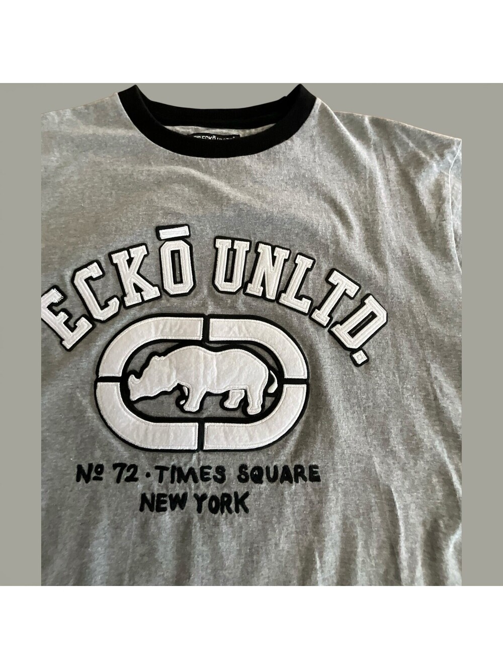 ECKŌ UNLTD XXL Gray Black Embroidered Rhino Logo Tee NYC Streetwear Y2K